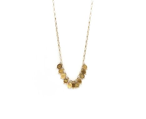 A gold fringe necklace,with a series of disc and octagonal-shaped panels with Chinese characters, all joined by jump rings to