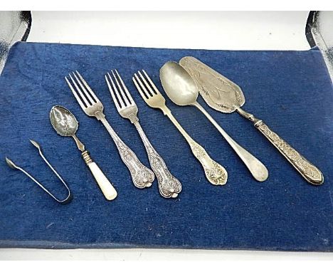 collection of cutlery to include silver tongs and fork and 2 us navy forks