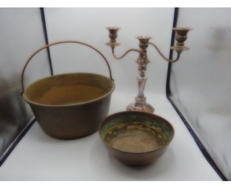 Brass pale, copper dish and silver plated candelabra