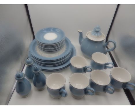 Denby part dinner service comprising of 3 dinner plates, 6 side plates, 6 cups and saucers, tea pot, 3 cruet pots