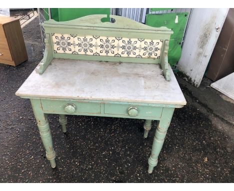 Victorian painted pine wash stand with marble top with tile back 36 inches wide 19 deep 30 tall excluding back