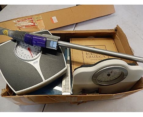 Box of assorted to include bathroom scales x 3, dyson hoover accessory