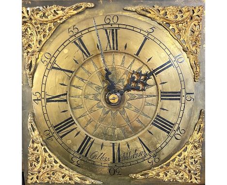 Antique long case clock in oak case with 10 inch brass dial with pendulum and 2 weights Gilkes Adderbury c.1760  applied Roma