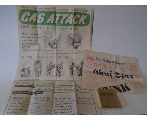A Vintage 'Home Nursing' book students' edition plus a repo 1939 Daily Telegraph cover and a repo ' Gas Attack' poster 