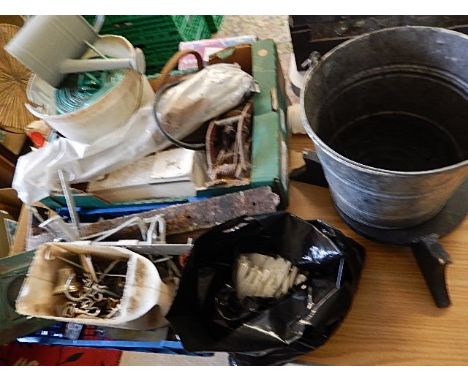 job lot of garage items to include cast iron scales, galvanised bucket, vintage foot pump, bag of plant labels etc