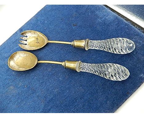 glass handled, silver plates serving spoon and fork