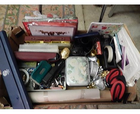 Box of assorted, mainly stationary including photo paper, stapler, calculators etc