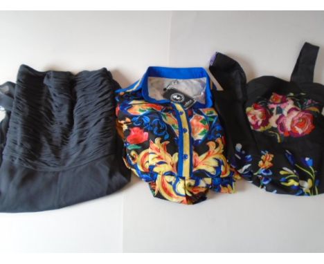 3 Vintage inspired dresses, Grey one size 8 by 'Fenn Wright', Blue and black patterned dress size M by 'Yinian Qinqc Heng' an