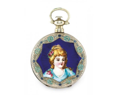 OROLOGIO DA TASCA INGLESE CON SMALTO PER IL MERCATO CINESE, PERIODO 1860 Cassa in argento, lunetta ornata da perline, sul ret