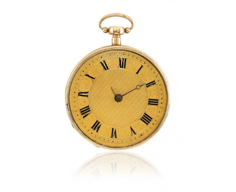 OROLOGIO DA TASCA A CHIAVETTA IN ORO, PERIODO 1820 Cassa a quattro corpi in oro, cuvette in metallo dorato, fondello lavorato