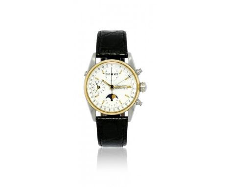 OROLOGIO DA POLSO DA UOMO EBERHARD NAVY-MASTER 32012/A, CALENDARIO COMPLETO E CRONOGRAFO, FINE ANNI ‘80 Cassa a tre corpi in 
