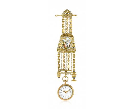 LA COLLEZIONE MARIO F. CARLEO - OROLOGIO DA TASCA FRANCESE A REMONTOIR CON SMALTI E CHÂTELAINE, PERIODO 1880 Cassa a tre corp