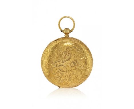 LOTTO DI DUE OROLOGI INGLESI A CHIAVETTA IN ORO, PERIODO 1850 Casse in oro, una ribaltina riccamente decorata a motivi florea