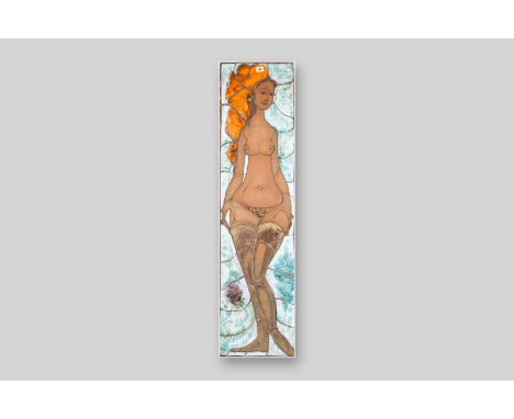 A Jean Powell ceramic wall plaque titled 'The Wise Virgin' and dated 1975 depicting an almost naked young woman with golden h