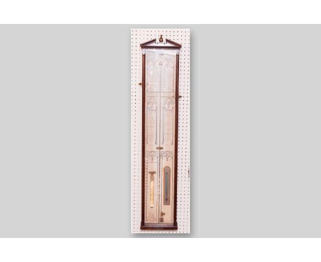 A mahogany encased Admiral Fitzroy barometer with printed paper scale, the central mercurial tube flanked by brass needle mar