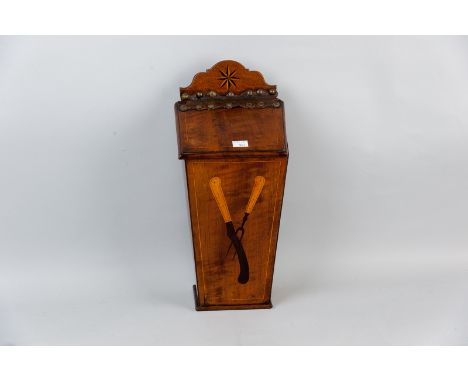 A 19th Century inlaid mahogany wall hanging cutlery box, the front with inlaid cutlery depictions, the sloped lid with leathe