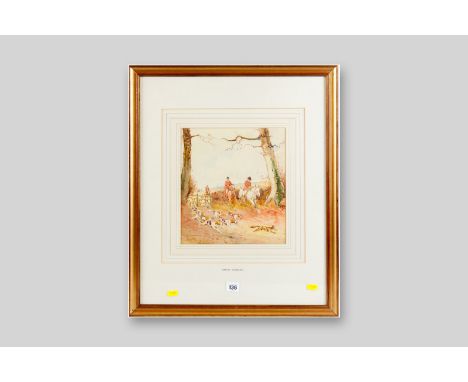 ARTHUR HAMMOND watercolour - hunting scene with dogs in full pursuit of fox, signed, 11 x 9.75 ins (28 x 25 cms)