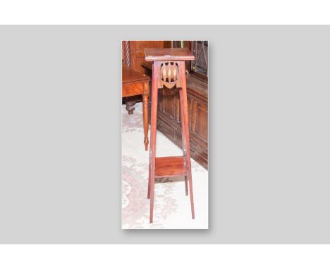 A tall mahogany two tier planter stand with floral pattern inlay to the front panel, 45 ins (114 cms) high