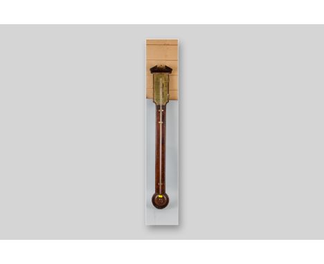 An antique mahogany and boxwood string inlaid stick barometer with brass dial for Ronchete & Co (door frame missing, mercuria