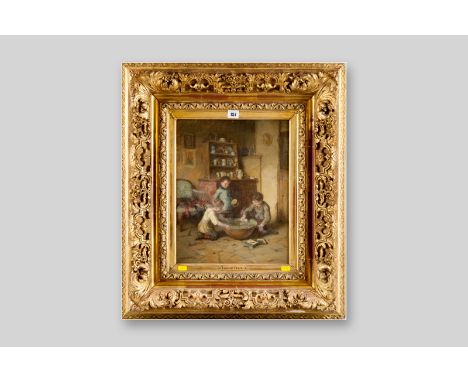 CHARLES EDOUARD FRERE oil on panel - interior scene, three children playing with fish in a bowl, signed and dated 1884, 16 x 