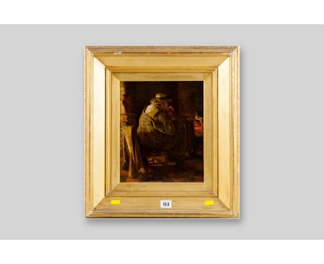 ARTHUR CLAUDE COOKE oil on canvas - seated gentleman by a fire smoking a pipe, signed, 11.5 x 9.5 ins (29 x 24 cms)