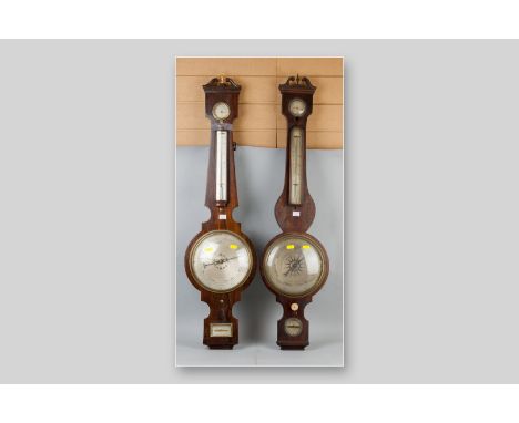 A late 19th Century rosewood banjo barometer with thermometer and twin swan neck pediment, the levelling viewing window marke