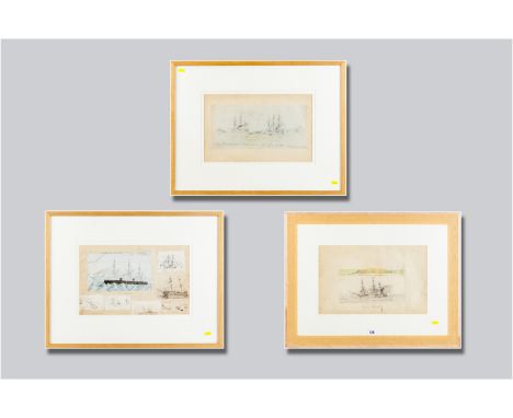 Five 19th Century maritime sketch studies, two each in frames glazed back and front and another singly, all in identical ligh
