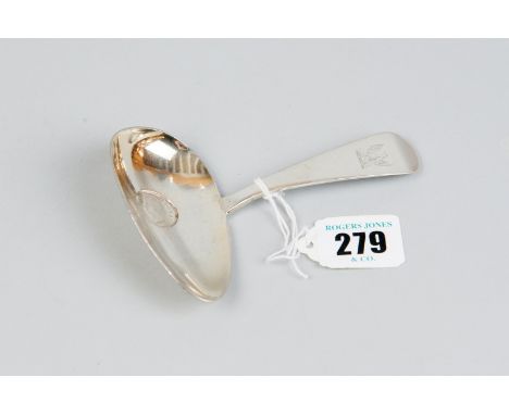 A caddy spoon - a silver caddy spoon with large tapered oval bowl with coin base and a shaped and crested handle, 1.4 ozs, Lo