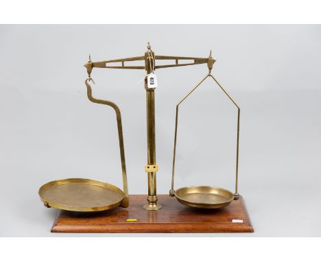 A 19th Century set of brass chemist's scales by R Tomlinson & Sons, Birmingham on a moulded edge mahogany base, 18 x 20 ins (