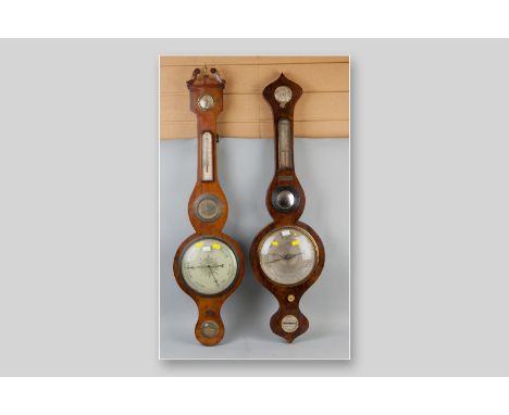 A Victorian mahogany banjo barometer and thermometer with swan neck pediment and a similarly dated rosewood example bearing a