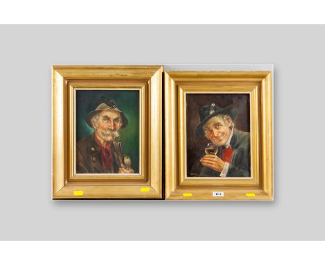 _ GURTNER Continental School oils on canvas, a pair - smiling hatted gentleman with wine glass in hand and smiling hatted mou