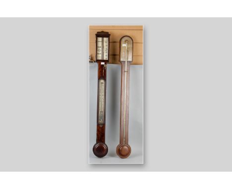 A Regency mahogany cistern stick barometer with ivory slip gauges marked 'F Amadio, 35 Morgate Street' (requiring some restor