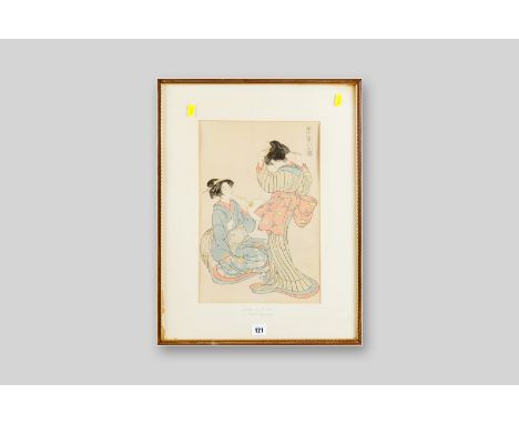 A framed and coloured woodcut print by KITAO SHIGEMASA titled 'Beauties of the East' showing two young girls in decorated rob