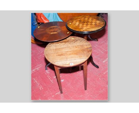 Three circular topped Victorian and later side tables, a mahogany and mixed wood segmented example, a walnut and satinwood ch