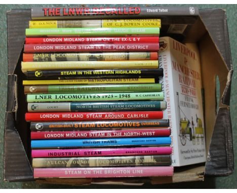 A box of railway books including 'Liverpool and Manchester Railway 1830-1980' by Frank Ferneyhough, 'London Midland Steam aro