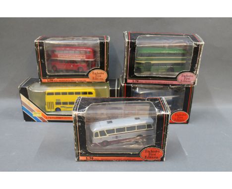 A group of 5 EFE diecast model buses