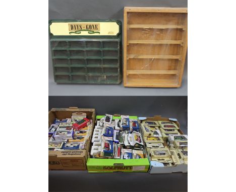 3 boxes of Lledo, Matchbox & Oxford diecast model vehciles together with a Lledo Days Gone display case & another display cas