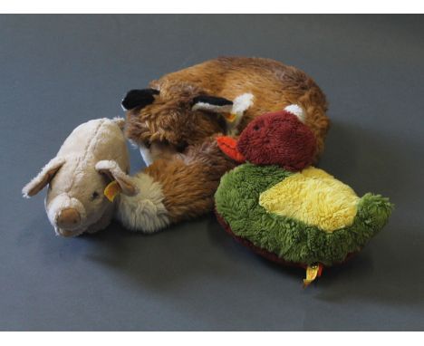 3 Steiff soft toy animals: Fuzzy Red sleeping fox (1542/35), Cosy "Snuggy" duck (5381/27), Cosy pig (5414/18)