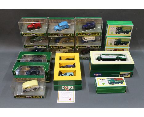 A group of 18 boxed Corgi Classic diecast commercial vans, BP AEC'S and Thorneycroft bus, A Corgi limited edition ford popula