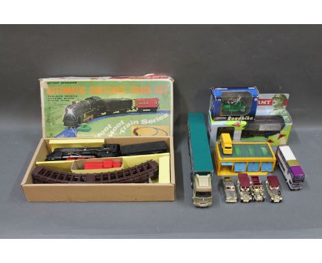 A boxed battery operated Automatic Switcher Train set, 2 boxed diecast toys, a Corgi Golden Jubilee Strongserve lorry, a plas