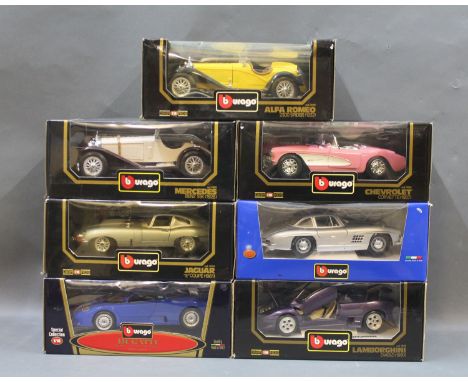 A group of 7 Burago 1:18 scale diecast model cars