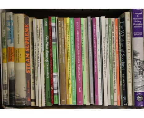 A box of railway books including 'Locomotives at the Grouping' by Casserley & Johnston, 'Steam Supreme' by R D Stephen, 'Name