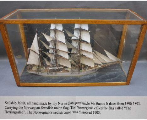 A cased handmade model of the sail ship "Jaluit", the case measuring 81cmx52cmx30cm