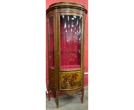 A French Louis XV style beech and gilt metal mounted Vernis Martin demi lune vitrine, with decorative Watteauesque scenes