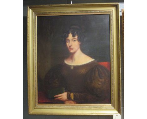 English School (19th century) Portrait of a lady, half seated holding a book, oil on canvas, 80 x 65cm  