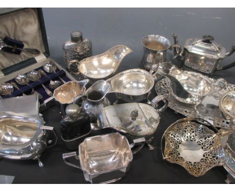 A quantity of silver plate to include a pair of sauceboats, salvers, teaset etc  