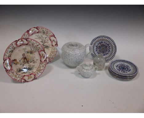 A Chinese interior painted glass snuff bottle, Pirkenhammer and Sarreguemines plates etc  