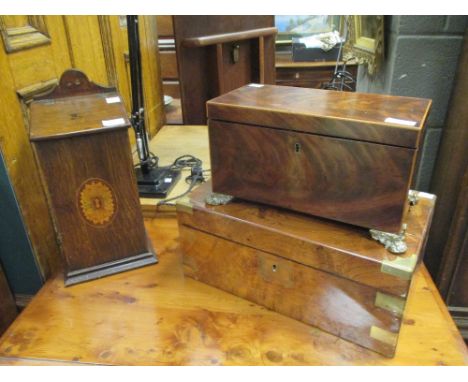 A Victorian walnut writing slope, a tea caddy and a candlebox (3)  