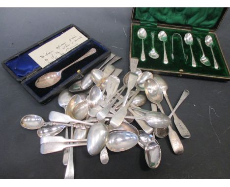 A cased set of six silver bright cut teaspoons and sugar tongs  