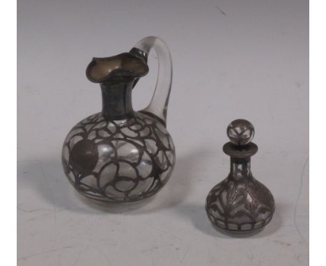 A silver overlay scent bottle and stopper together with a ewer  